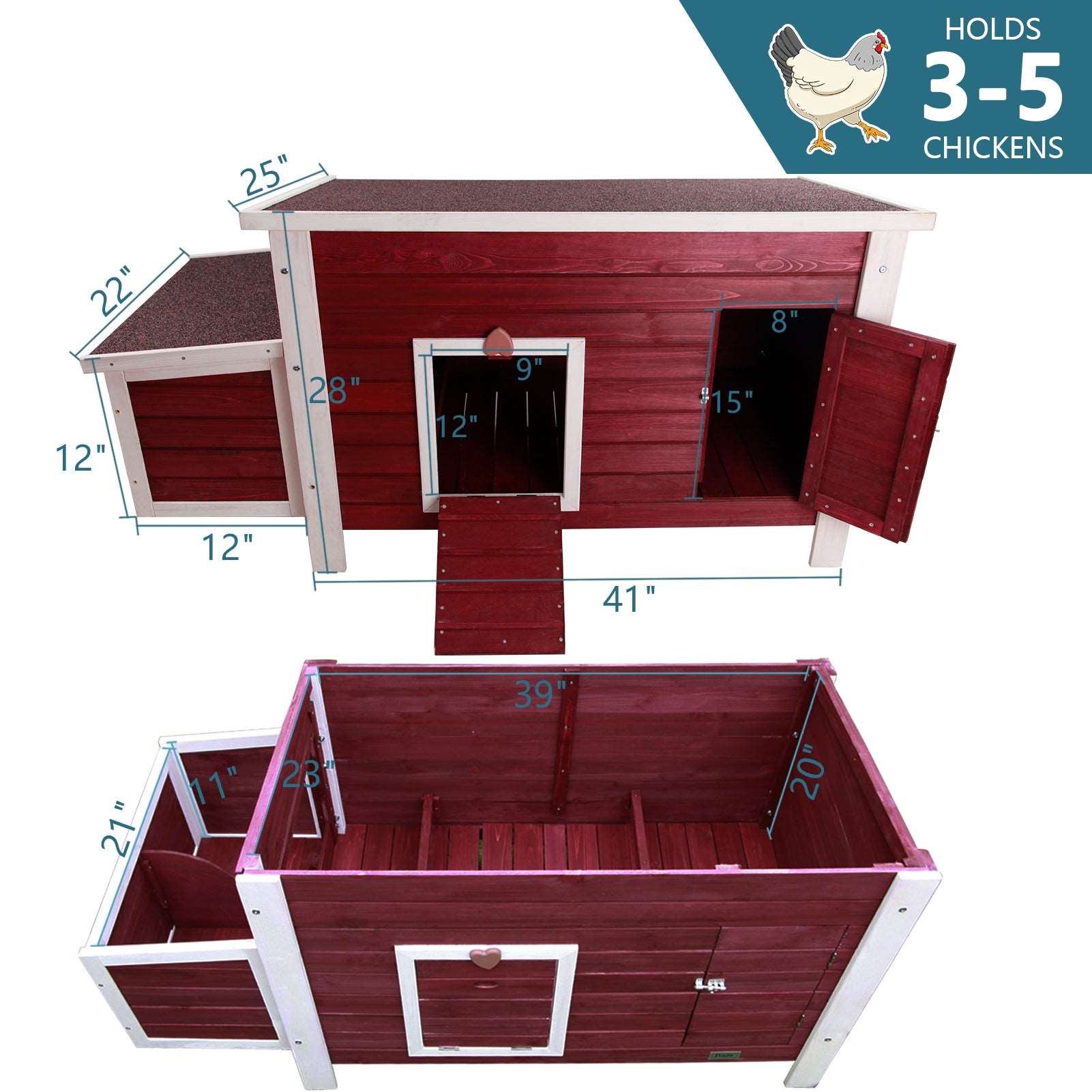 PETSFIT Chicken Coop with Nesting Box Outdoor Hen House with Removable Bottom Red