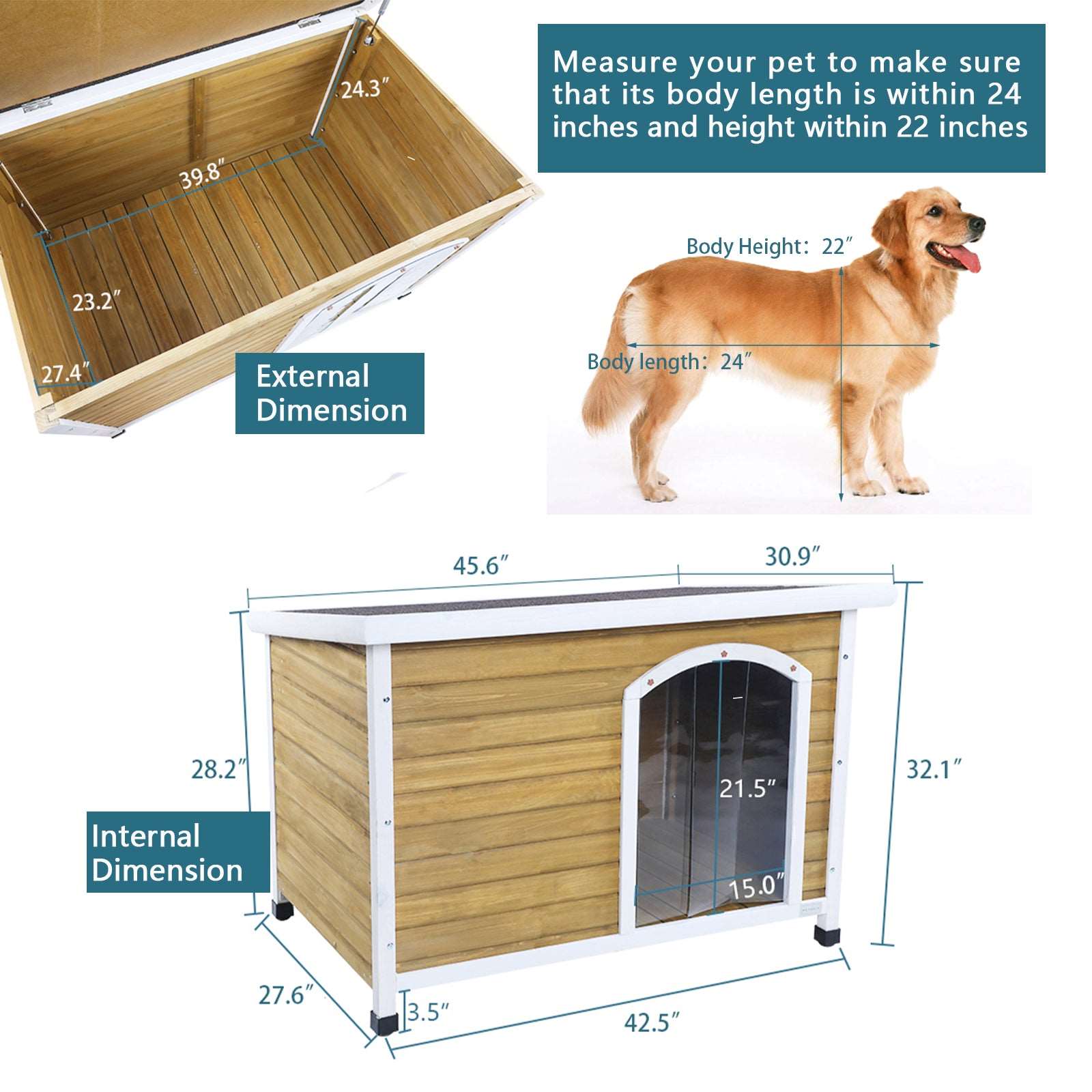 PETSFIT Wooden Dog House for Medium to Large Dogs