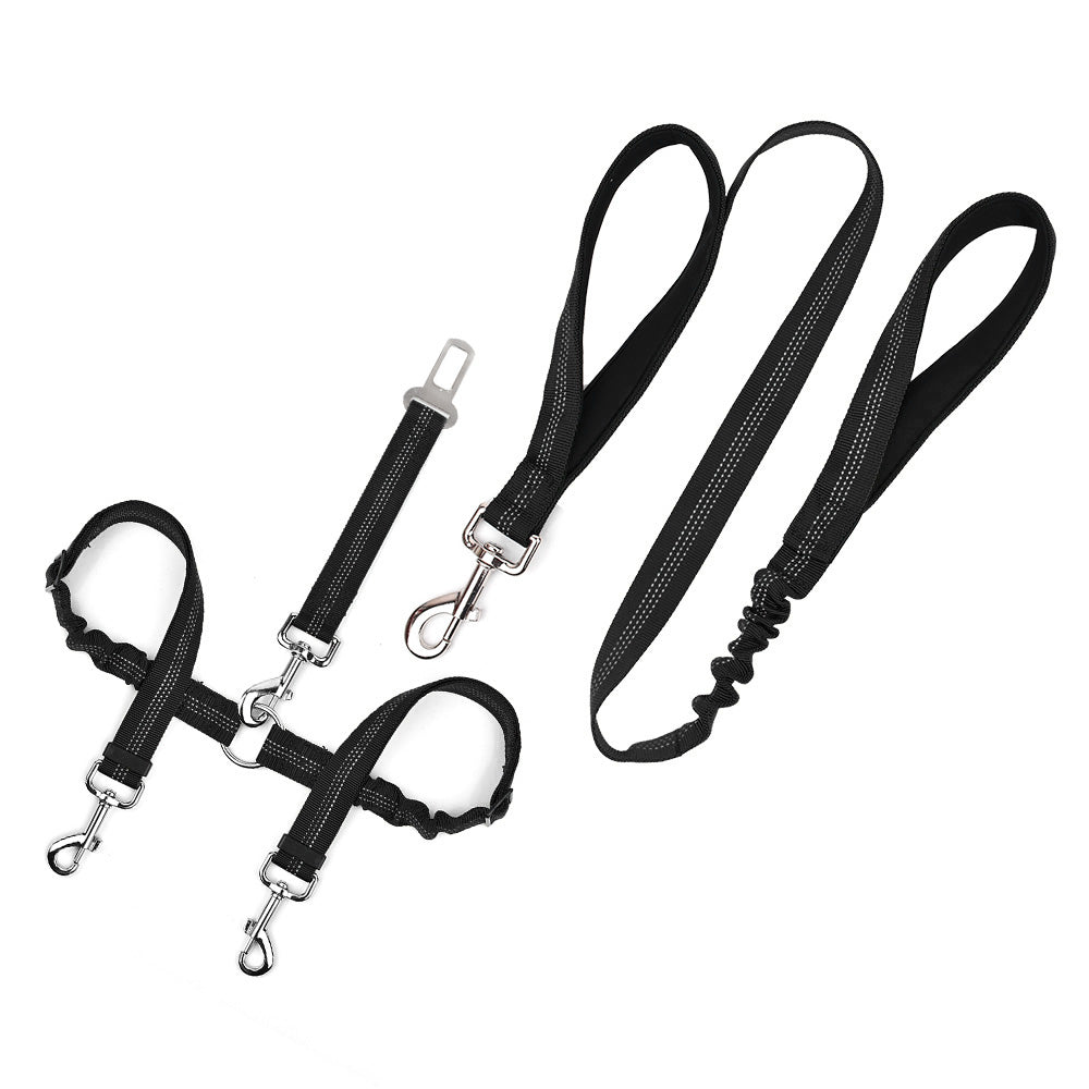 2 in 1 Double Dog Leash + Car Seat Belt - Black