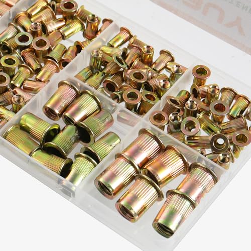 144Pcs Metric Rivet Nut Kit, Rivet Nuts Assortment M4 M5 M6 M8 M10, Carbon Steel Zinc Plated Rivnut, Flat Head Threaded Insert Nut, Knurled Body (VG30527)