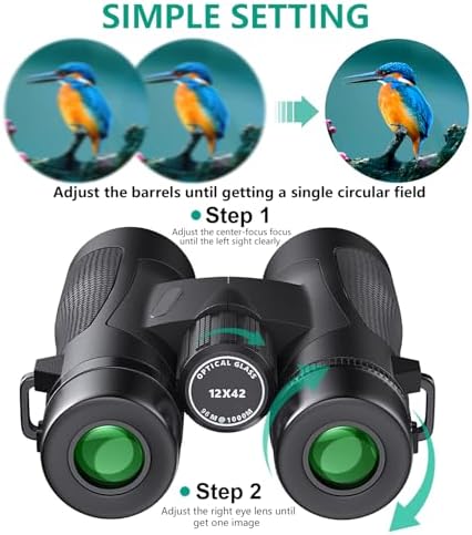 12x42 Roof Prism Binoculars for Adults -Large Eyepiece High Power Waterproof with Low Light Night-Professional HD Binoculars for Bird Watching Hunting Sports-BAK4 FMC Lens with Strap Carrying Bag