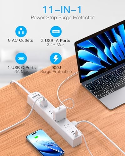 10FT Extension Cord Flat Plug Power Strip Surge Protector with 8 Widely AC Outlets and 3 USB Ports Outlet Extender Overload Protection Wall Mount for Home Office Dorm Room Essentials Gaming, ETL