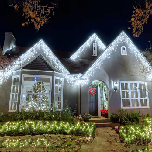 132ft Icicle Lights for Outside, 1280 LED White Christmas Lights Outdoor with 240 Twinkle Drops, 8 Modes Plug in Waterproof Timer Memory for Tree Wedding Party House Patio Eave Yard Holiday Decoration