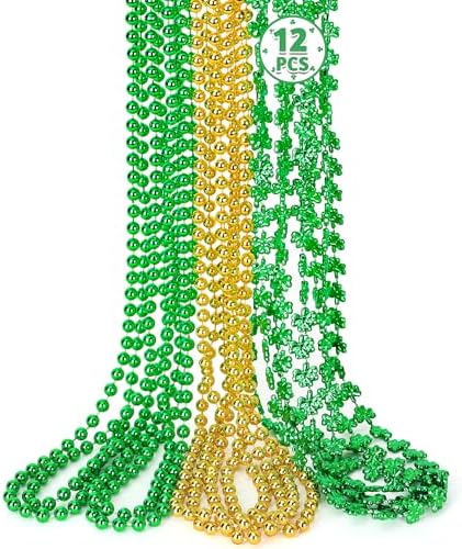 12 PCS St Patricks Day Necklace, Gold Green Beads Shamrocks Necklace, Plastic Shamrocks Bead Necklace Set, Irish Beer Decorations Supplies for St.Patricks Day Accessories Decorations Favors Bulk