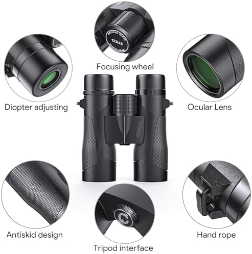 12x42 Roof Prism Binoculars for Adults -Large Eyepiece High Power Waterproof with Low Light Night-Professional HD Binoculars for Bird Watching Hunting Sports-BAK4 FMC Lens with Strap Carrying Bag