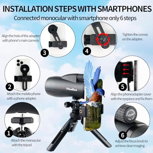 12X60 High-Power Monocular Telescope with Smartphone Holder and Tripod, Large Vision with BAK-4 Prism and FMC Lens Suitable for Bird Watching Hunting Hiking Camping Wildlife