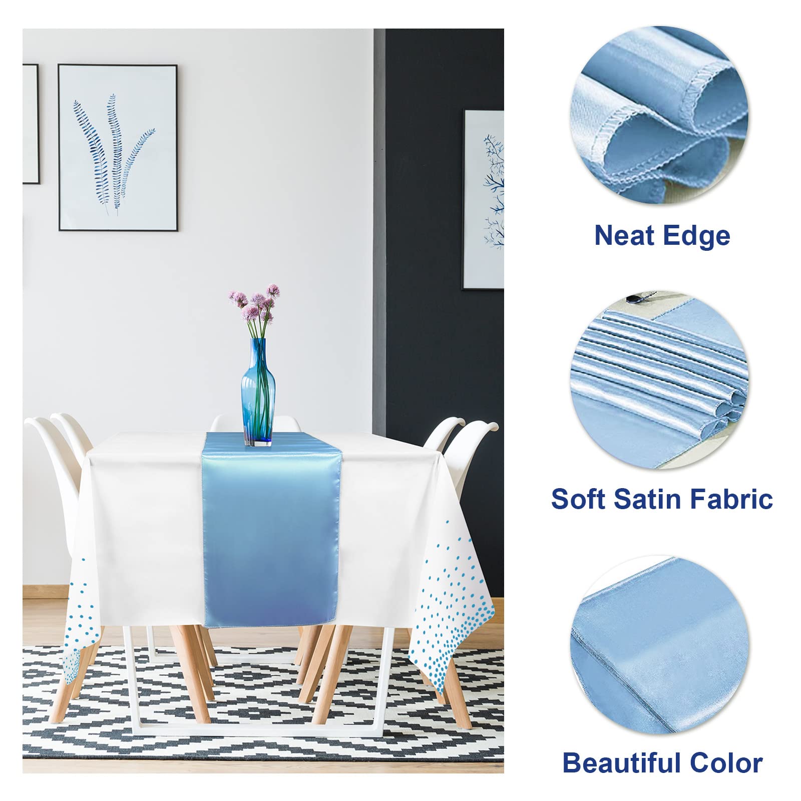12Pack Disposable Plastic Tablecloths and Satin Table Runner Set White and Light Blue Dot Tablecloth Light Blue Satin Table Runner for Wedding Birthday Baby Shower Engagement Christmas Party Supplies