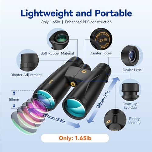 12x50 Plus HD Binoculars for Adults High Powered, Waterproof Binoculars with Phone Adapter, Super Bright Large View Binoculars for Bird Watching, Hunting, Stargazing