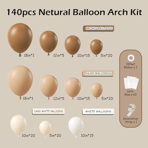 140Pcs Netural Balloon Garland Arch Kit, 5 10 12 18inch Brown Beige Nude Tan Balloons for Birthday Party Netural Bear Baby Shower Decorations
