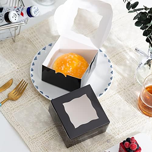 100Pcs Paper Cookie Boxes With Window Small Bakery Boxes 4x4x2.5 Inches Mini Cake Boxes For Pastries,Cupcakes,Desserts,Donuts,Chocolate Strawberries,Candy,Treat Boxes(4 * 4 * 2.5,Black)