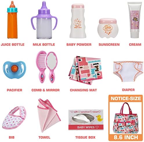 14 Pack Baby Doll Accessories, Baby Doll Feeding and Caring Set Includes Diaper Bag, Doll Diapers, Magic Bottle, Changing Mat for Girl Toddler Kid, Babies Pretend Play Set for Birthday Gift Christmas