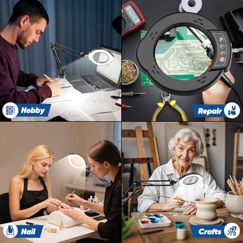 10X Magnifying Glass with Light and Clamp，Real Glass Lens 5 Color Modes Dimmable LED Lighted Magnifier with Swing Arm Hands Free Magnifying Desk Lamp for Crafts Sewing Painting Reading Close Work