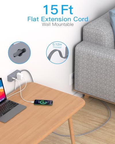 15Ft Extension Cord with Multiple Outlets, Flat Plug Power Strip Surge Protector with 15 Ft Long Cord, 6 Outlet 3 USB Ports (1 USB C), Multi Outlet Wall Plug for Travel, College, Dorm Essentials-Grey
