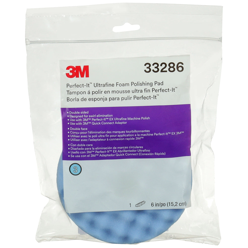 3M Perfect-It Foam Ultrafine Polishing Pad, 33286 - 6", Double Sided, Quick Connect, Blue