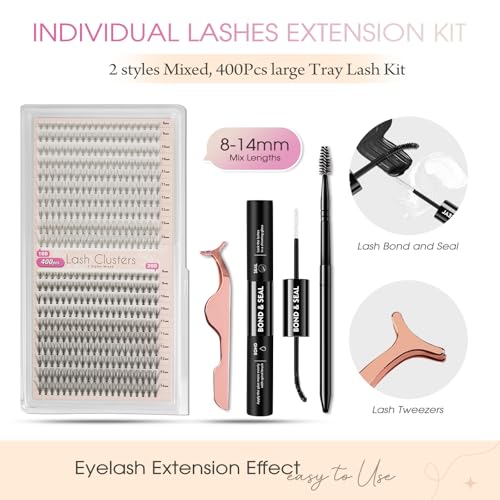 10D+20D Lash Clusters, 400PCS Lash Extension Kit Wispy Mink Individual Lashes 8-14mm Soft Cluster Lashes Natural Cluster Eyelash Extension Kit With Lash Bond and Seal Tweezers(10D+20D)
