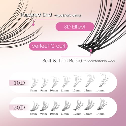 10D+20D Lash Clusters, 400PCS Lash Extension Kit Wispy Mink Individual Lashes 8-14mm Soft Cluster Lashes Natural Cluster Eyelash Extension Kit With Lash Bond and Seal Tweezers(10D+20D)