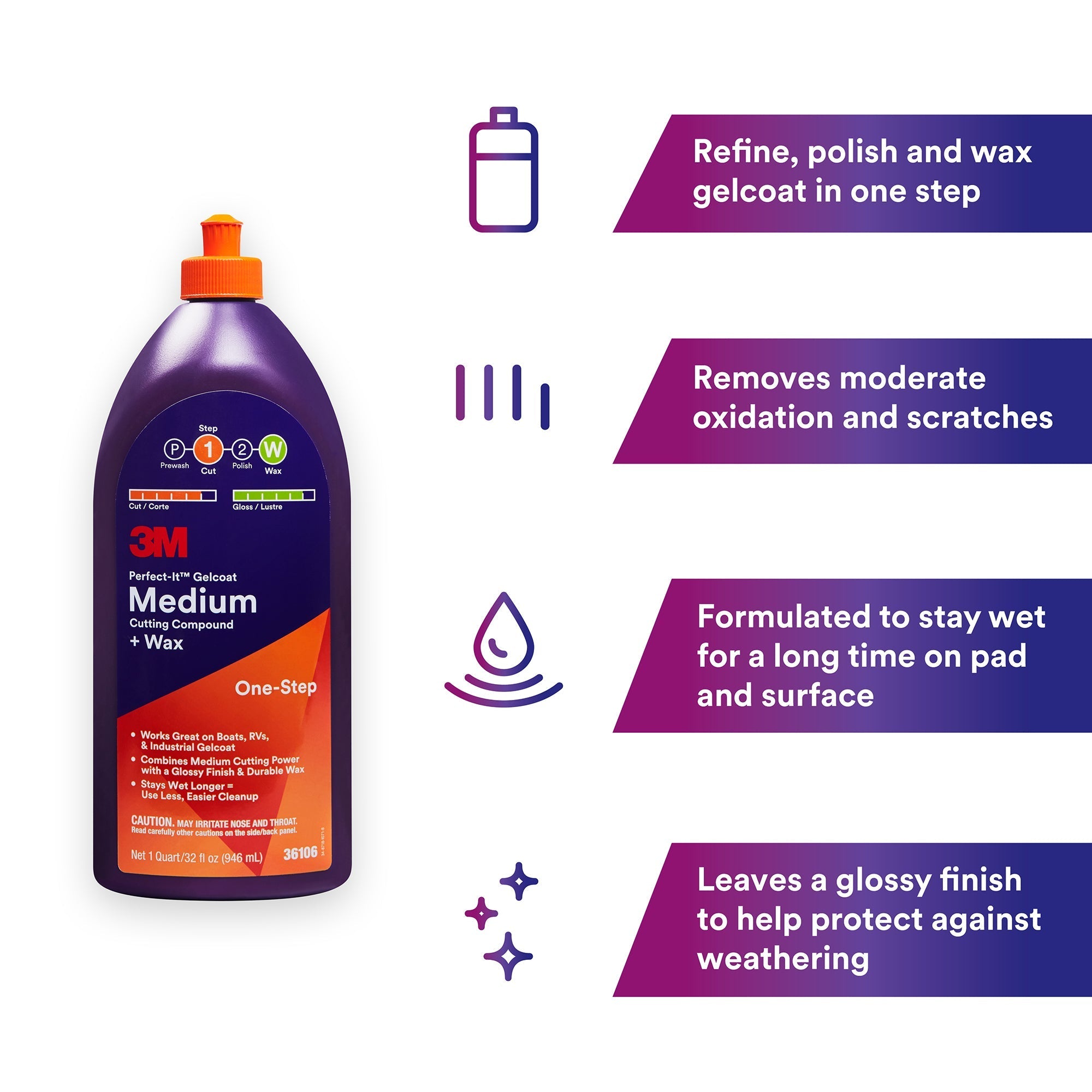3M Perfect-It Gelcoat Medium Cutting Compound + Wax, 36106 - 32 oz.