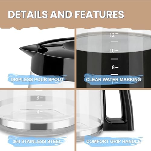 12-Cup Glass Carafe Replacement Pot, Compatible with Hamilton Beach Coffee Maker Models 46310, 49976, 49966, 49350, 49957, 49954, 49933, 49980A, 49980Z, 49983, 49618, 46300, and 49950.