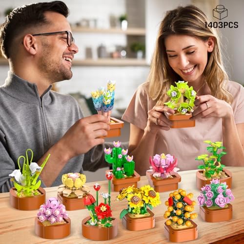 12 Flowers Succulents 3.6MM Mini Building Set - 1403PCS Flower Botanical Collection for Office Home Décor Plant Building Blocks Toy, Gifts for Valentine Mother's Day Birthday Adults Women Kids 10+
