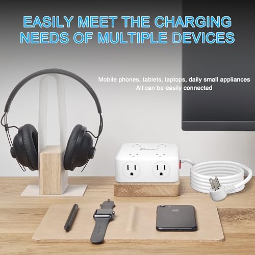 10Ft Power Strip with 1 USB-C,3 USB-A Ports,8 AC Outlets,Multi Plug Outlet Extender,10Ft Extension Cord,Flat Plug Wall Mount Desk USB Charging Station for Home Office College Dorm Room Essentials,UL
