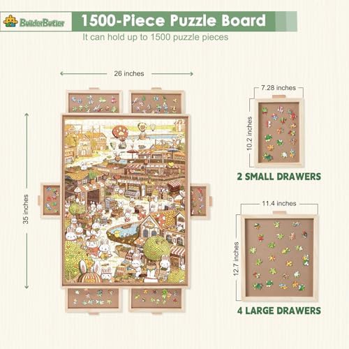 1500 Pieces Rotating Puzzle Board with 6 Drawers,26"x35" Portable Wooden Jigsaw Puzzle Table with Lazy Susan Spinning Cover