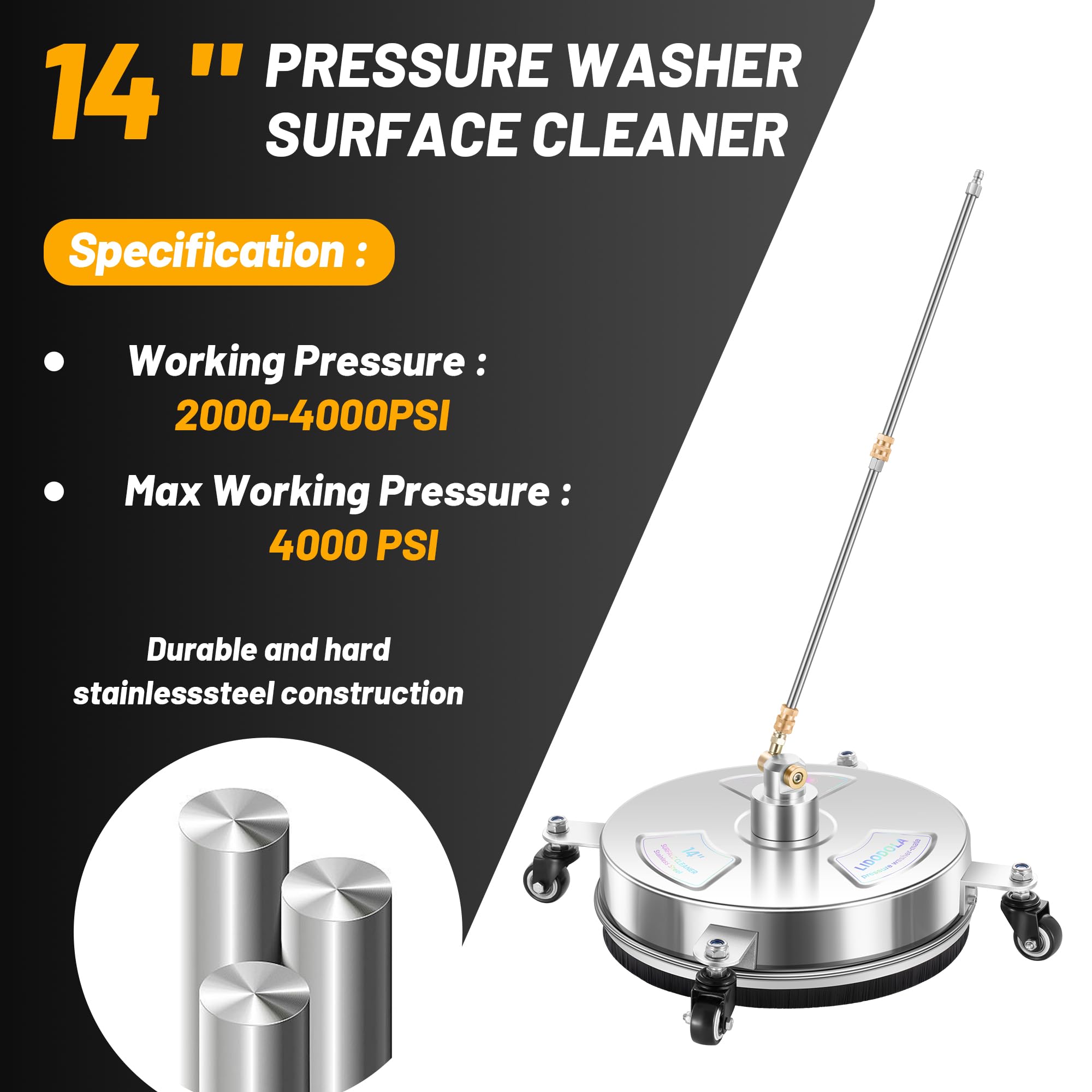 14" Pressure Washer Surface Cleaner with 4 Wheels - Stainless Steel Surface Cleaner for Pressure Washer Attachment for Concrete, Patio, Sidewalk, Deck and Driveways - PWS14