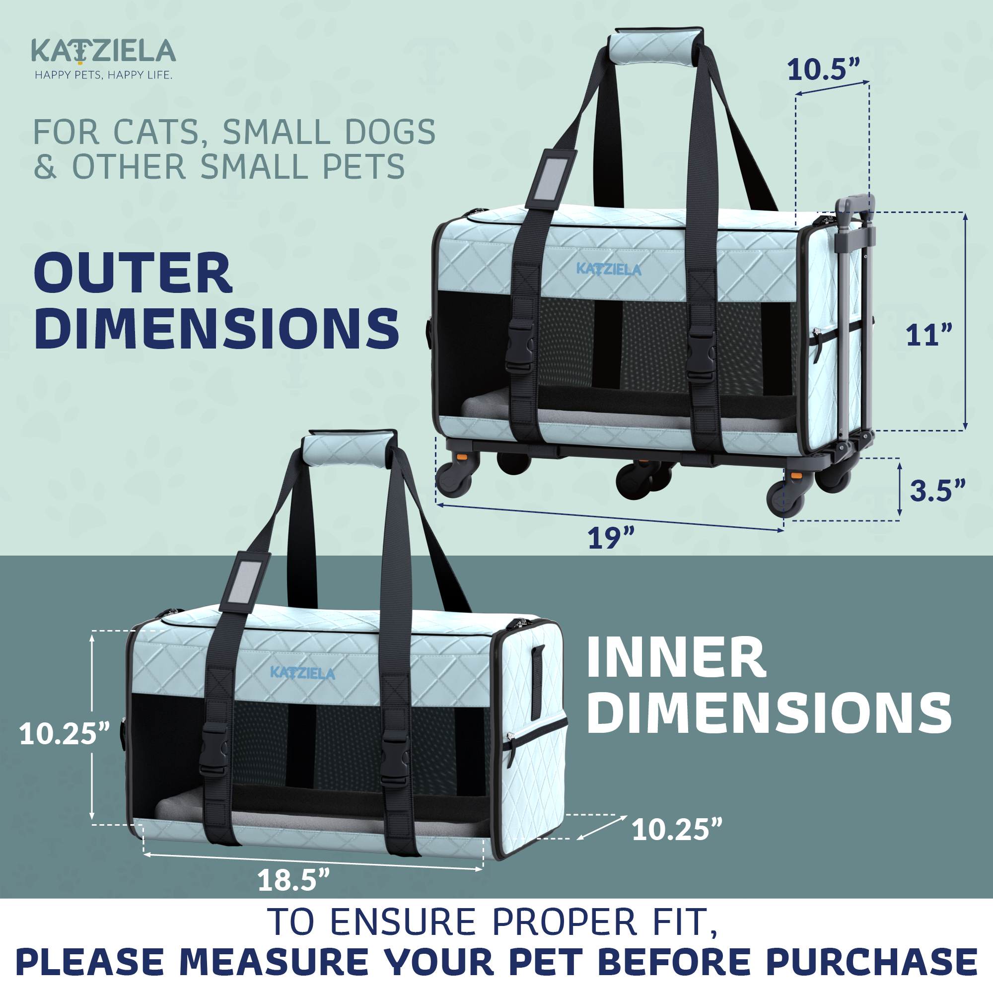Katziela Quilted Chariot Pet Carrier With Removable Wheels and Telescopic Handle
