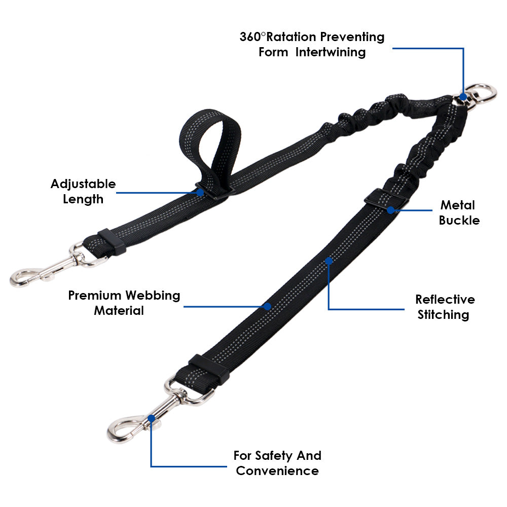 Double Dog Adjustable Leash Coupler - Black