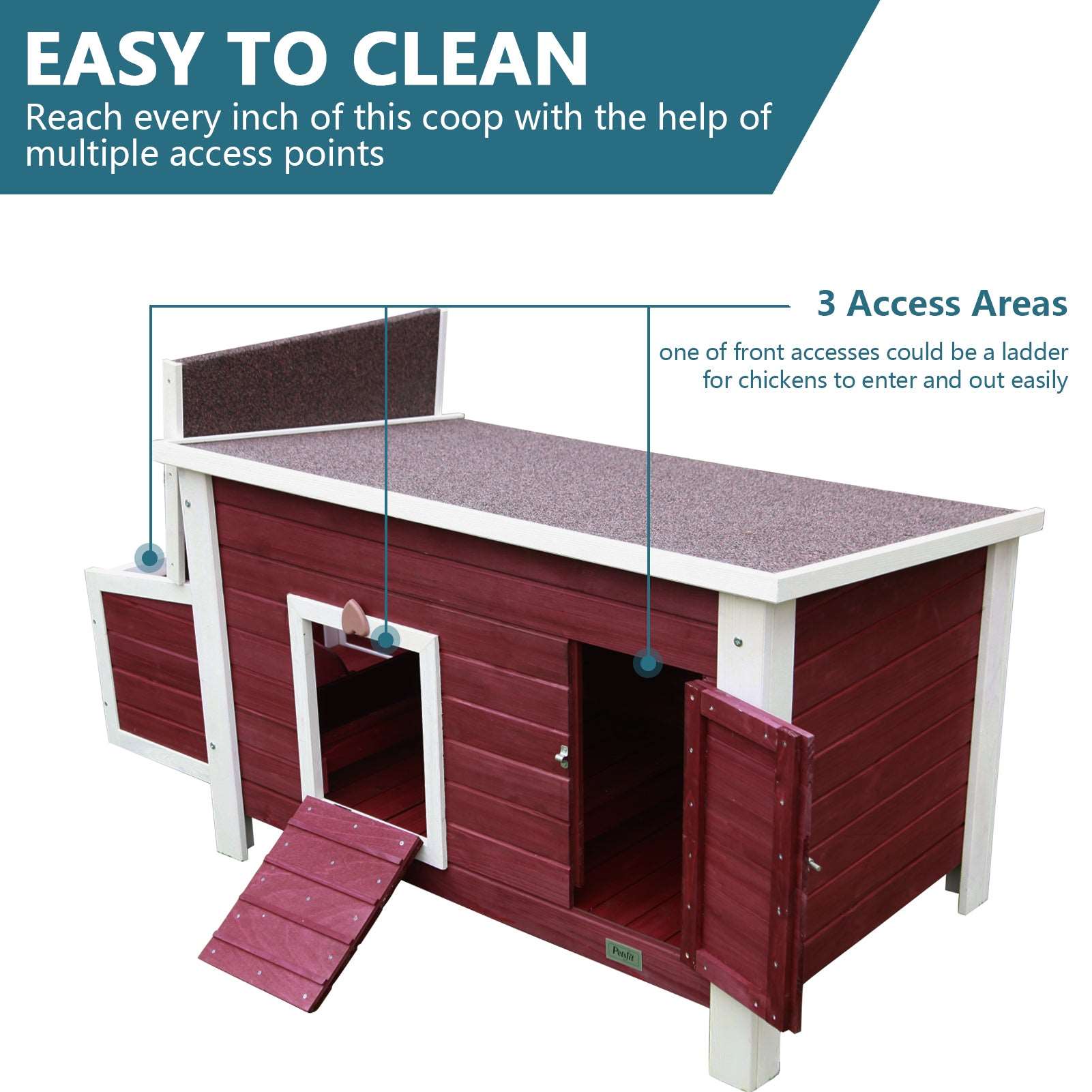 PETSFIT Chicken Coop with Nesting Box Outdoor Hen House with Removable Bottom Red