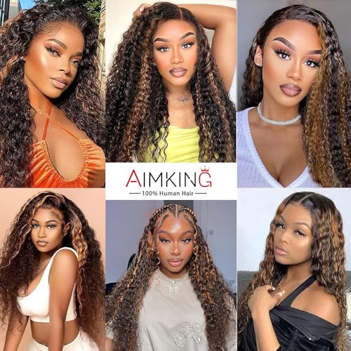 13x6 Highlight Ombre Lace Front Wig Human Hair Wigs For Women 180% Density 1B/30 HD Deep Wave Lace Frontal Wigs Curly Highlight Brown Wig Human Hair Pre Plucked With Baby Hair Colored (38 Inch)