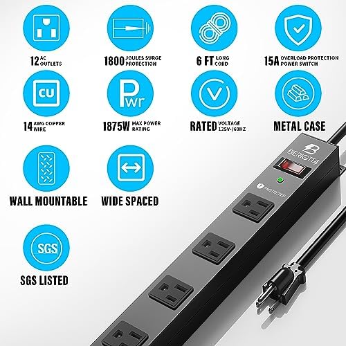 12 Outlet Surge Protector Metal Power Strip, 1800J Mountable Power Outlet, Heavy Duty Workshop Metal Power Strip for Commercial, Industrial, School and Home,15A 125V 1875W (6FT)