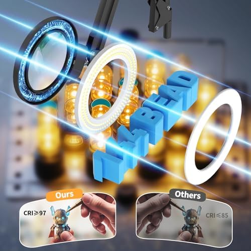 12X Magnifying Glass with Light and Stand, Infinite Color Modes & Stepless Brightness LED Magnifying Lamp with Clamp, 2-in-1 Hands Free Lighted Magnifier for Craft Reading Painting Hobby Close Work