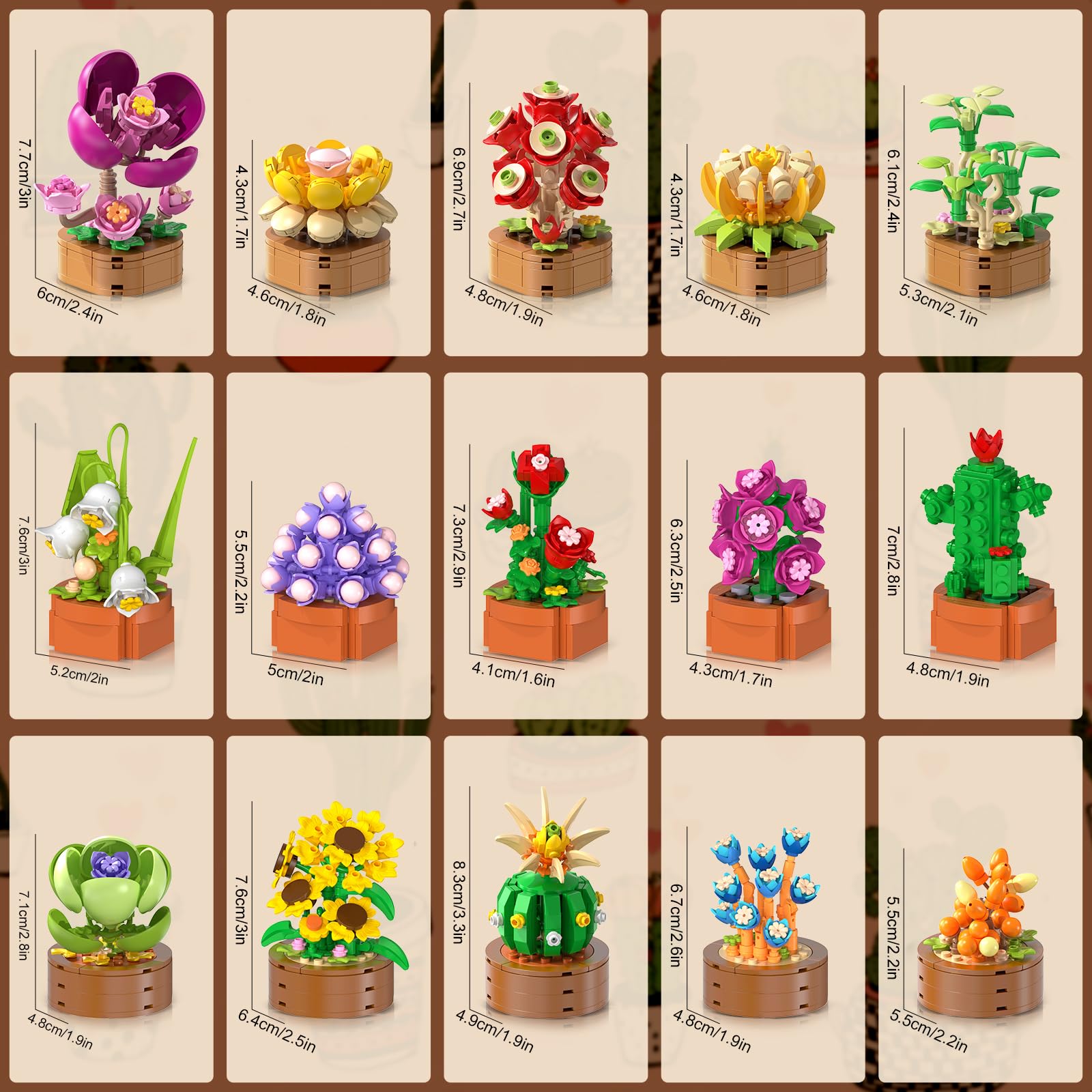 15 Pack Flowers Plants 3.6MM Mini Building Sets - 1314PCS Flower Succulents Botanical Collection for Home Office Décor Block Toy, Party Favors for Christmas Mother's Day Birthday Adults Kids Girls 10+