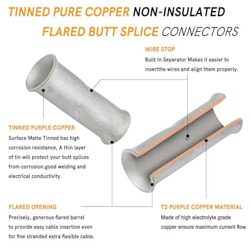 12-10 Gauge Butt Splice Connector 36 PCS 12-10 AWG Non-Insulated Butt Connectors Uninsulated Crimp Wire Butt Connectors Tinned Copper Marine Grade Crimp Butt Terminals + 36 PCS 3:1 Heat Shrink Tube