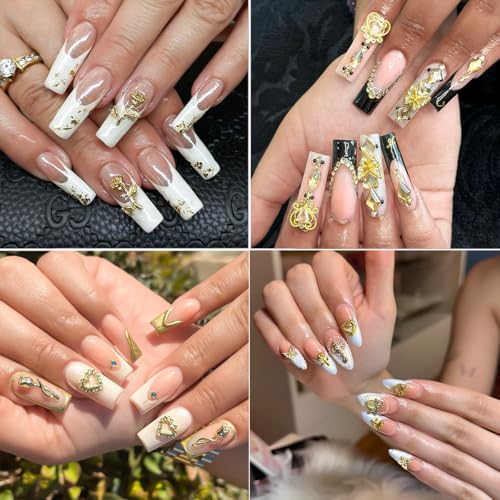 128Pcs Gold Nail Charms Set with Gold Nail Gems, Gold Rose, Hearts, Gold Cross Nail Charms and Virgin Mary Nail Charms - Y2K 3D Chrome Nail Charma Decorations