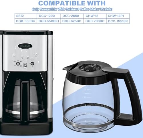 12-Cup Coffee Maker Carafe Replacement Compatible with Cuisinart Coffee Maker SS-12, SS-15, SS-16, DCC-1100BK, DCC-1200, DCC-2650, CHW-12P1, DGB-400, DGB-550BK, DGB-550BK1, DGB-625BC and DGB-700BC