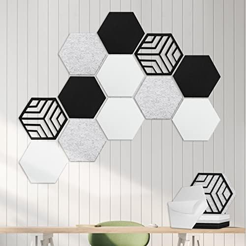 12 Pack Self-adhesive Acoustic Panels, Hexagon Sound Proof Panels, 14 X 12 X 0.4 In Sound Absorbing Panels, Flame Resistant, High-Density Sound Dampening Panels for Recording Studio Home, Offices…