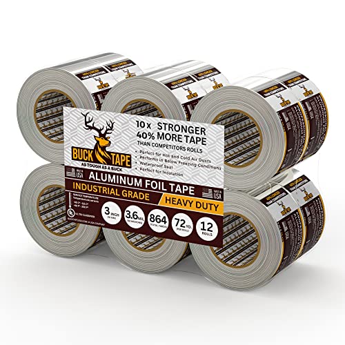 12 Pack Buck Professional Grade Aluminum Foil Tape - 3 Inch x 216ft (72 yd) 3.6 Mil - Ideal for HVAC, Insulation, Pipes & Metal Repair - Heat Resistant & Waterproof - Perfect for Sealing Ducts & Vents