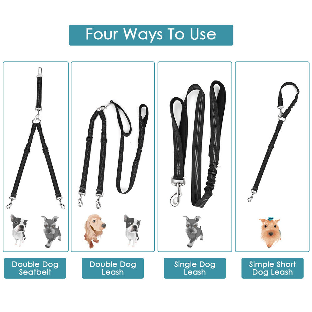 2 in 1 Double Dog Leash + Car Seat Belt - Black