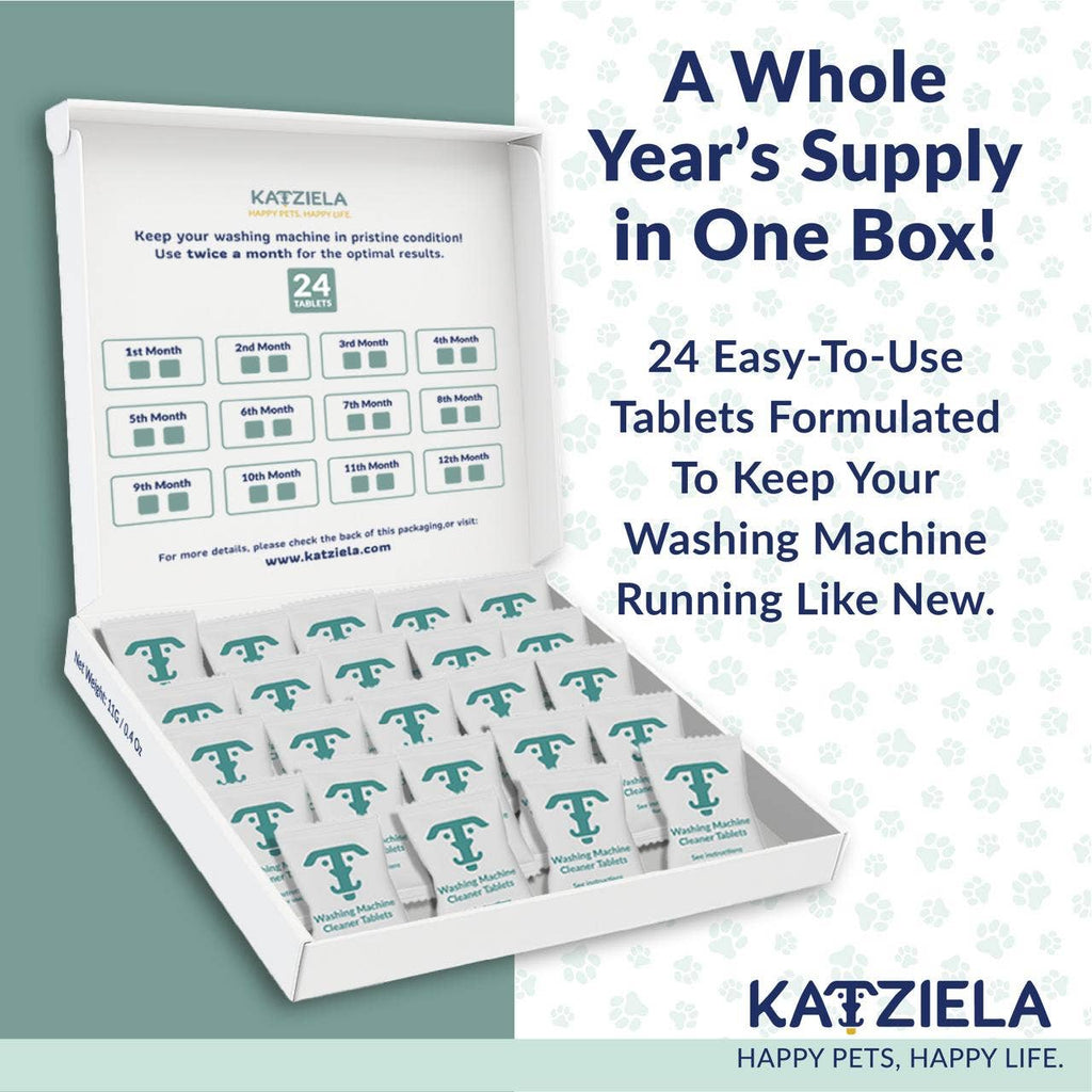 Katziela Washing Machine Cleaner Tablets – Plant-Based, Enzyme Formula for Pet Hair & Odor Removal – Fragrance-Free, Safe for All Washers
