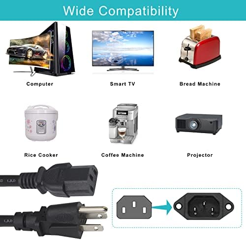 12FT Computer Monitor Replacement Power Cord -Black Long Standard PC Replace AC 3 Prong Power Supply Cord Heavy Duty 18AWG IEC C13 Power Cable NEMA 5-15P to C13 10A 125V for Monitor/TV/Computer