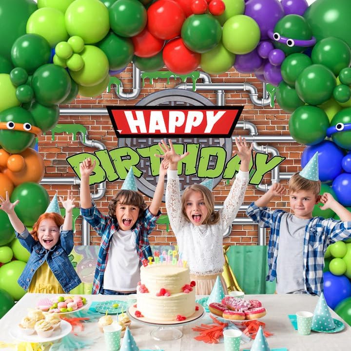153Pcs Turtle Birthday Party Decorations Supplies Kids Teen, Green Turtle Balloon Arch with Backdrop Tablecloth Googly Eye Long Balloons, Girls Boys Video Game Cartoon Turtle Birthday Decorations