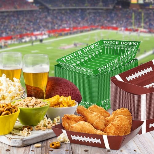 100Pcs Football Party Supplies, 5lb Football Food Plates, Football Paper Trays Disposable Bowls Nacho Trays for Gameday, Carnivals, Birthday, Sport, Party Decor (100)