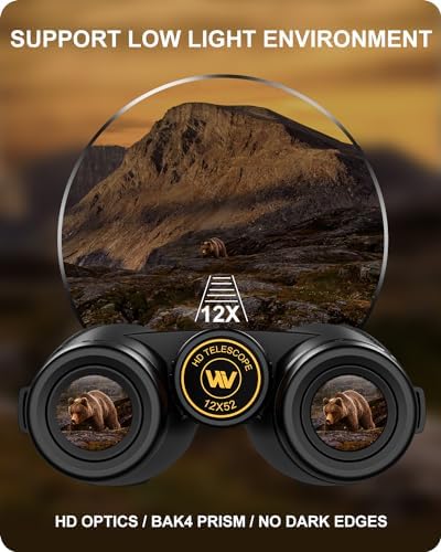 12 * 52 HD Binoculars High Powered, Binoculars for Bird Watching with Upgraded Phone Adapter,BaK4 Prisms,22mm Large Eyepiece,Clear Low Light Vision,Binocular for Hunting,Travel,Cruise