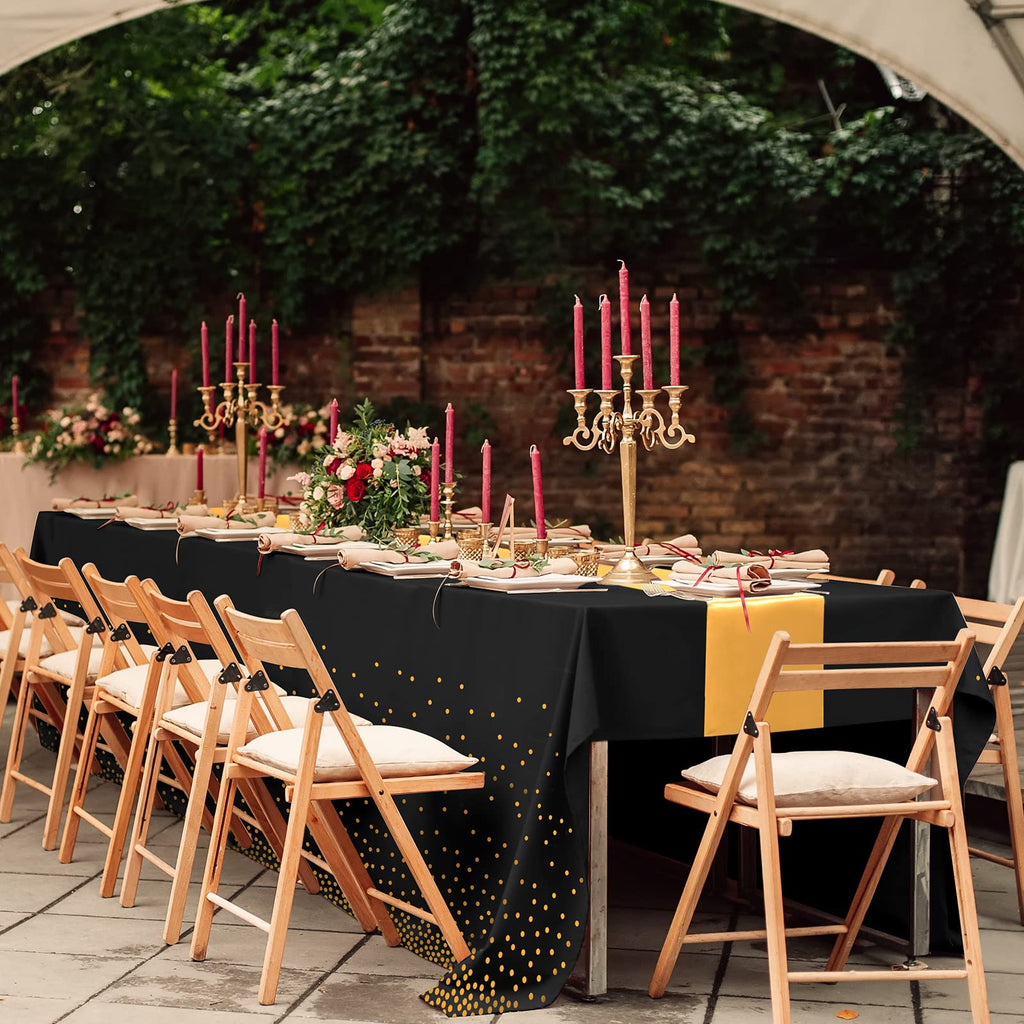 12Pack Disposable Plastic Tablecloths and Satin Table Runner Set Black and Gold Dot Tablecloth Gold Satin Table Runner for Wedding Birthday Baby Shower Anniversary Christmas New Year Party Supplies