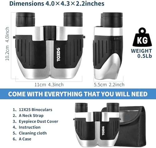 12x25 Compact Binoculars for Kids and Adults High Powered Large View Waterproof Binoculars with Clear Low Light Vision, Easy Focus Small Binoculars for Bird Watching, Hunting, Travel(Silver)