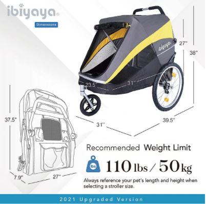 Ibiyaya Hercules Heavy-Duty Pro Pet Stroller-Bike Trailer, 3-Wheel Foldable Jogging, Hiking, All-Terrain Extra-Large Dog Stroller