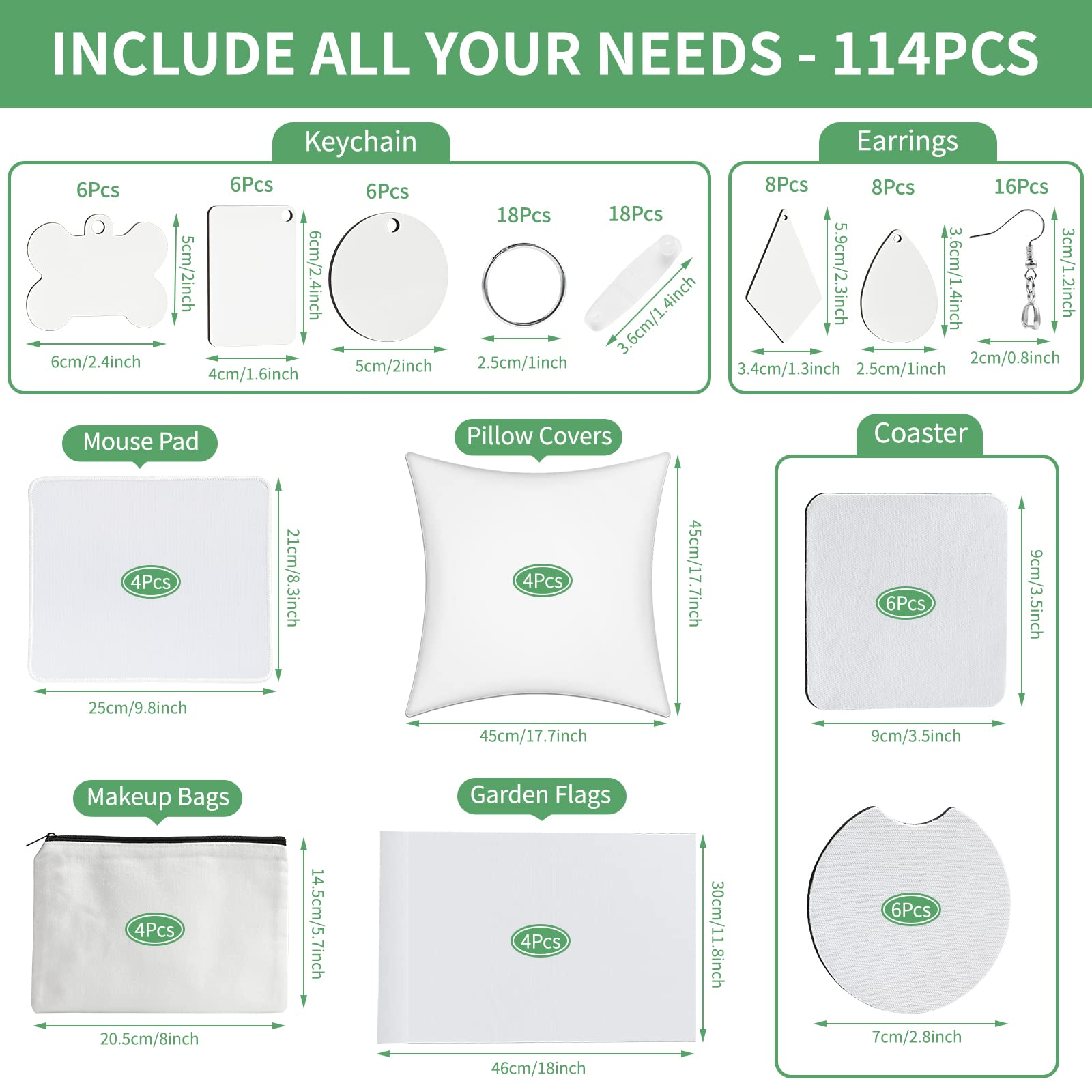 114Pcs Sublimation Blanks Products, Sublimation Blanks Set Including DIY Blank Makeup Bag, Keychain, Earring, Pillow Cover, Mouse Pad, Coaster, Garden Flag for Sublimation Transfer Christmas Craft