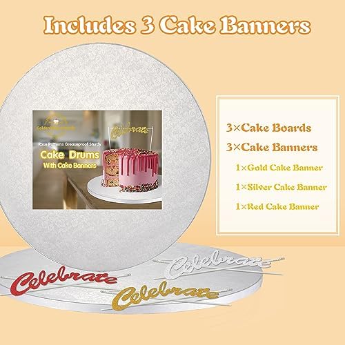 14 Inch Cake Drums with Banner Cake Topper-Cake Board Round White(3-Pack) 1/2 Inch Thick Cake Boards Sturdy, Greaseproof for Birthday Wedding Multi-Tiered Party Cake Boards by GoldenBakeryFamily