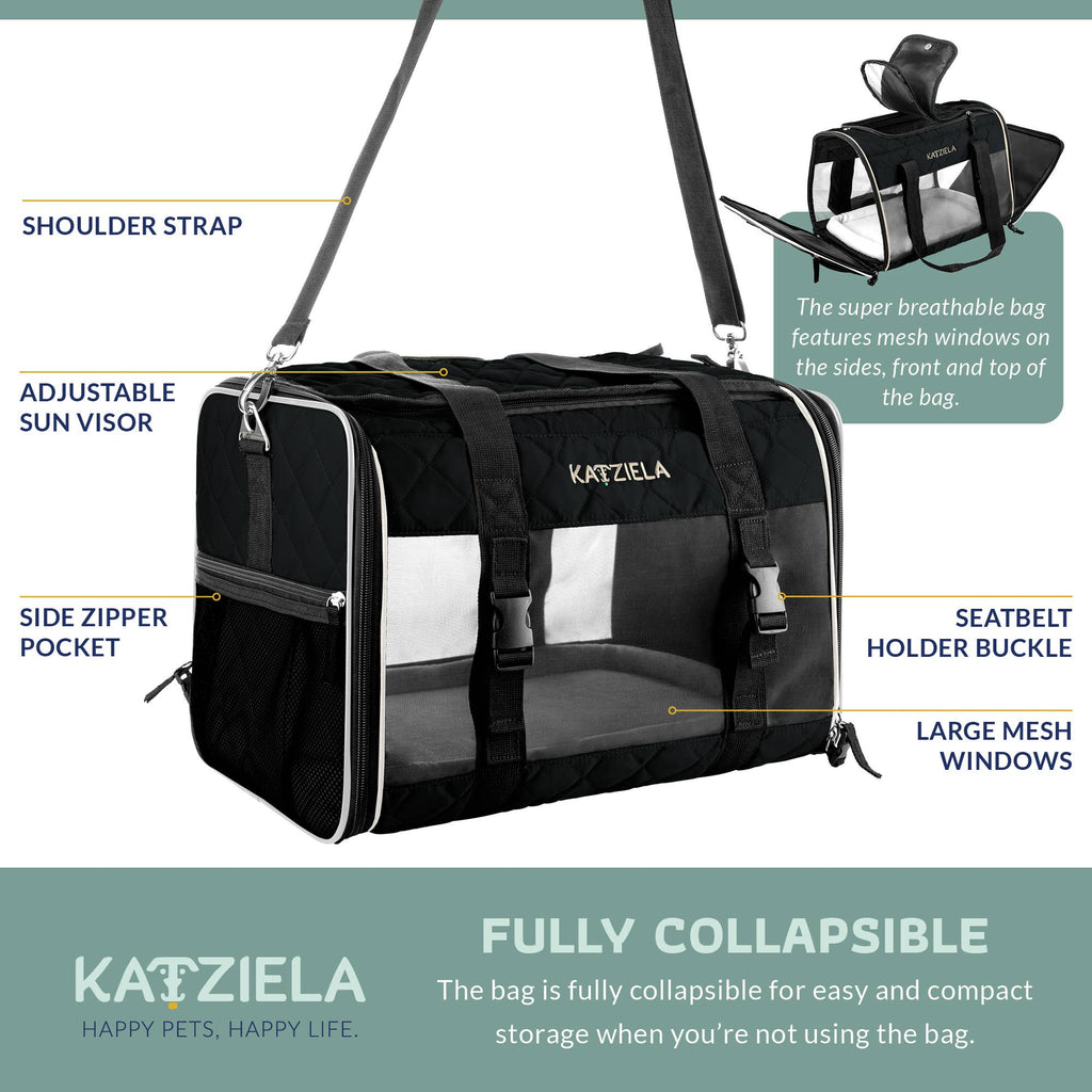 Katziela Airline Compliant Quilted Companion Cat & Dog Carrier - Black